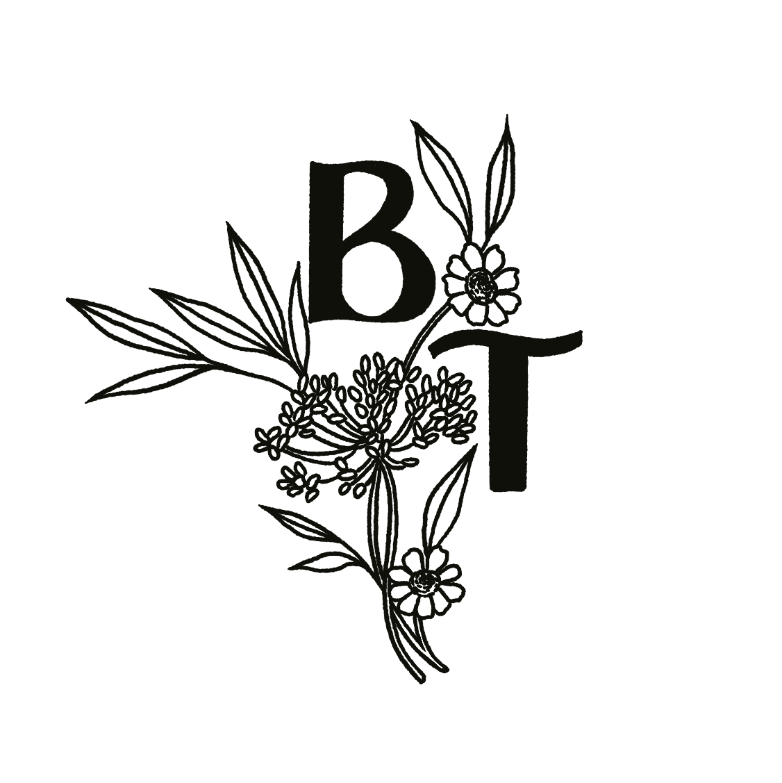 Black and white floral illustration with the letter 'B' and the letter 'T' intertwined.