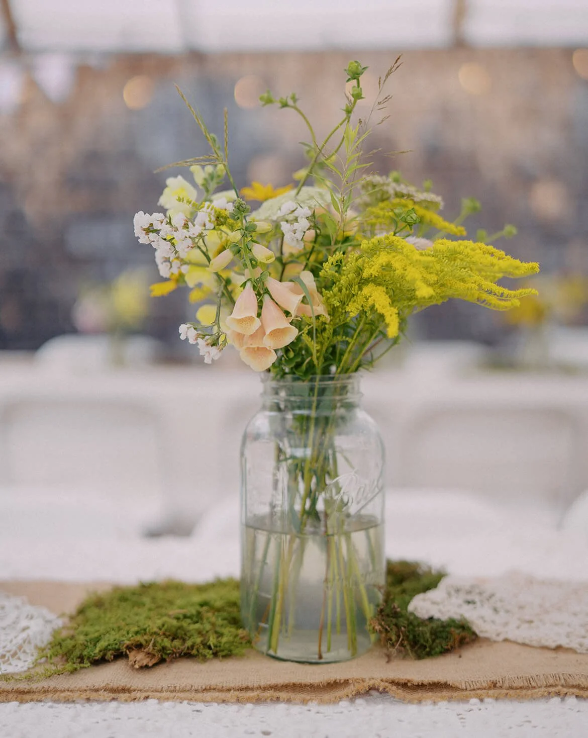Flower Bouquet in Jar with Moss and Burlap