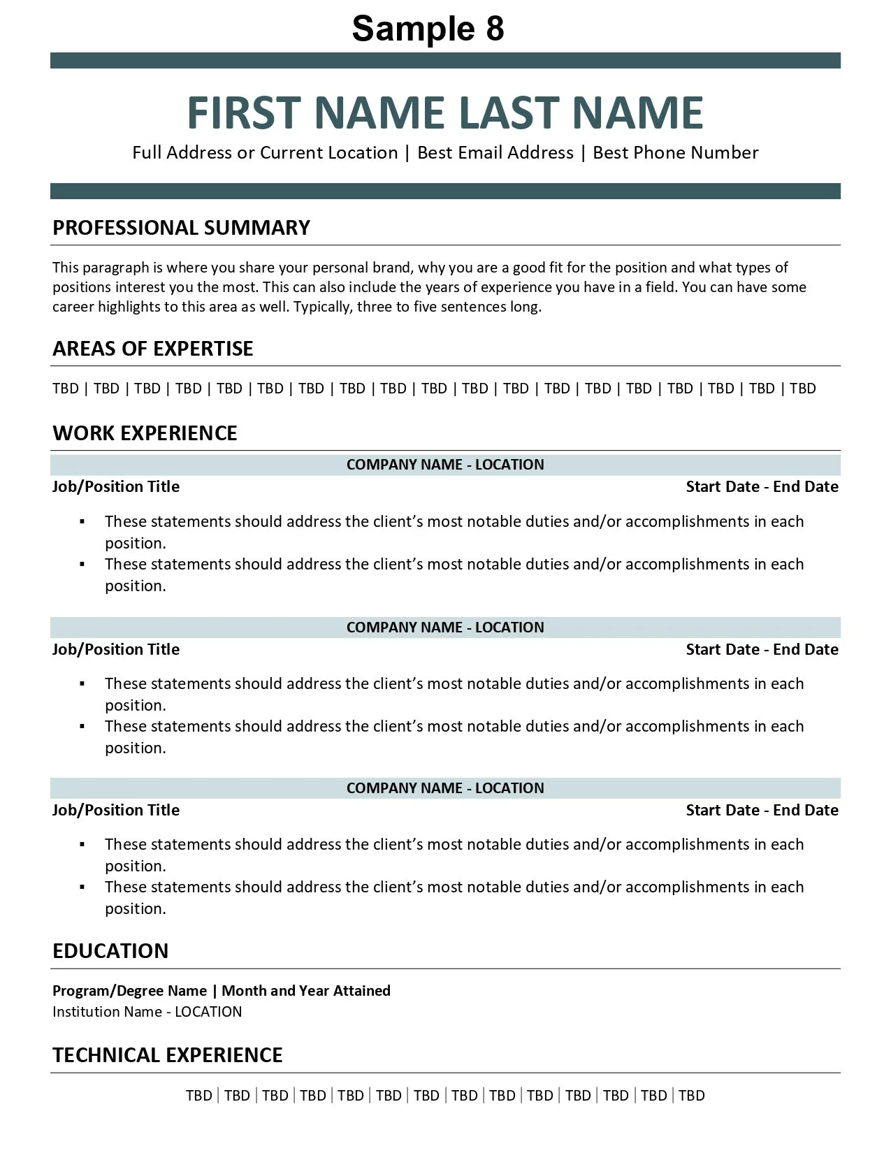 Sample resume template with sections for personal details, professional summary, areas of expertise, work experience, education, and technical experience.