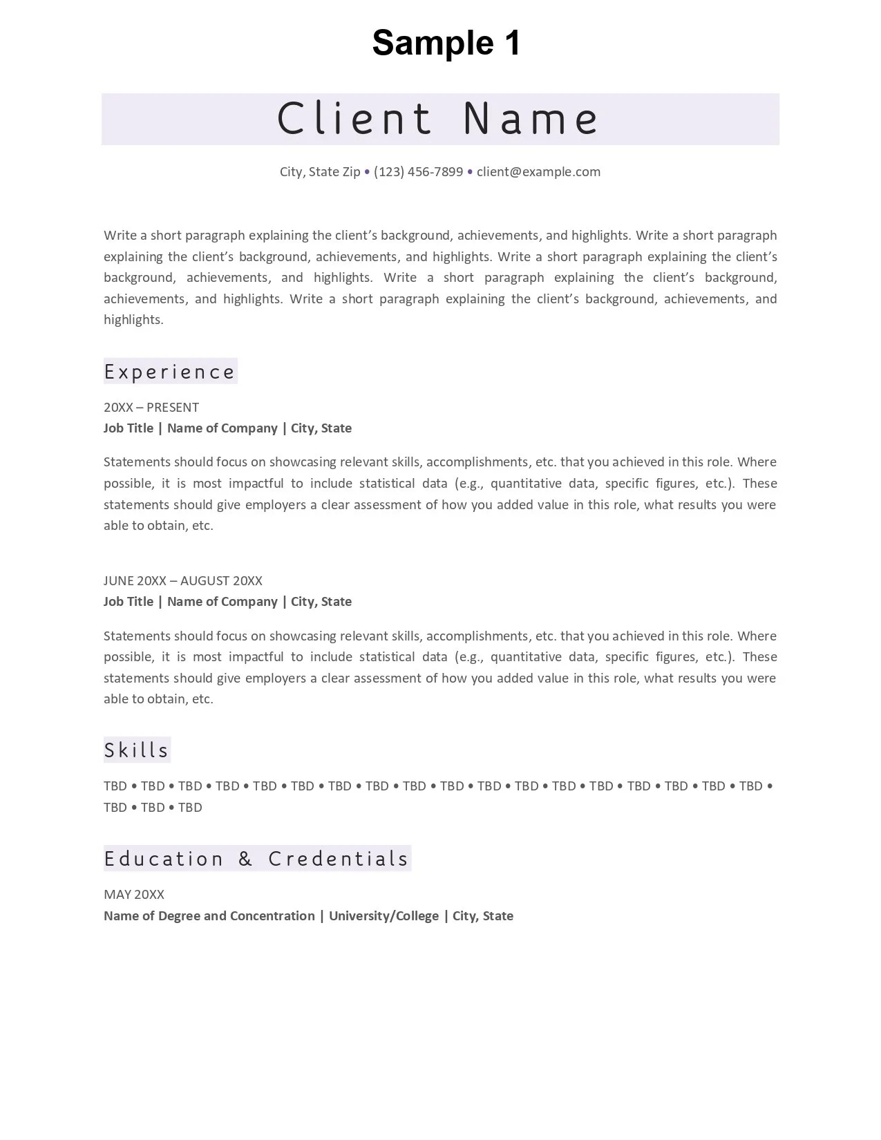 A sample resume template titled 'Sample 1' with sections for client name, contact info, experience, skills, and education & credentials, written in black text on a white background with purple highlights.