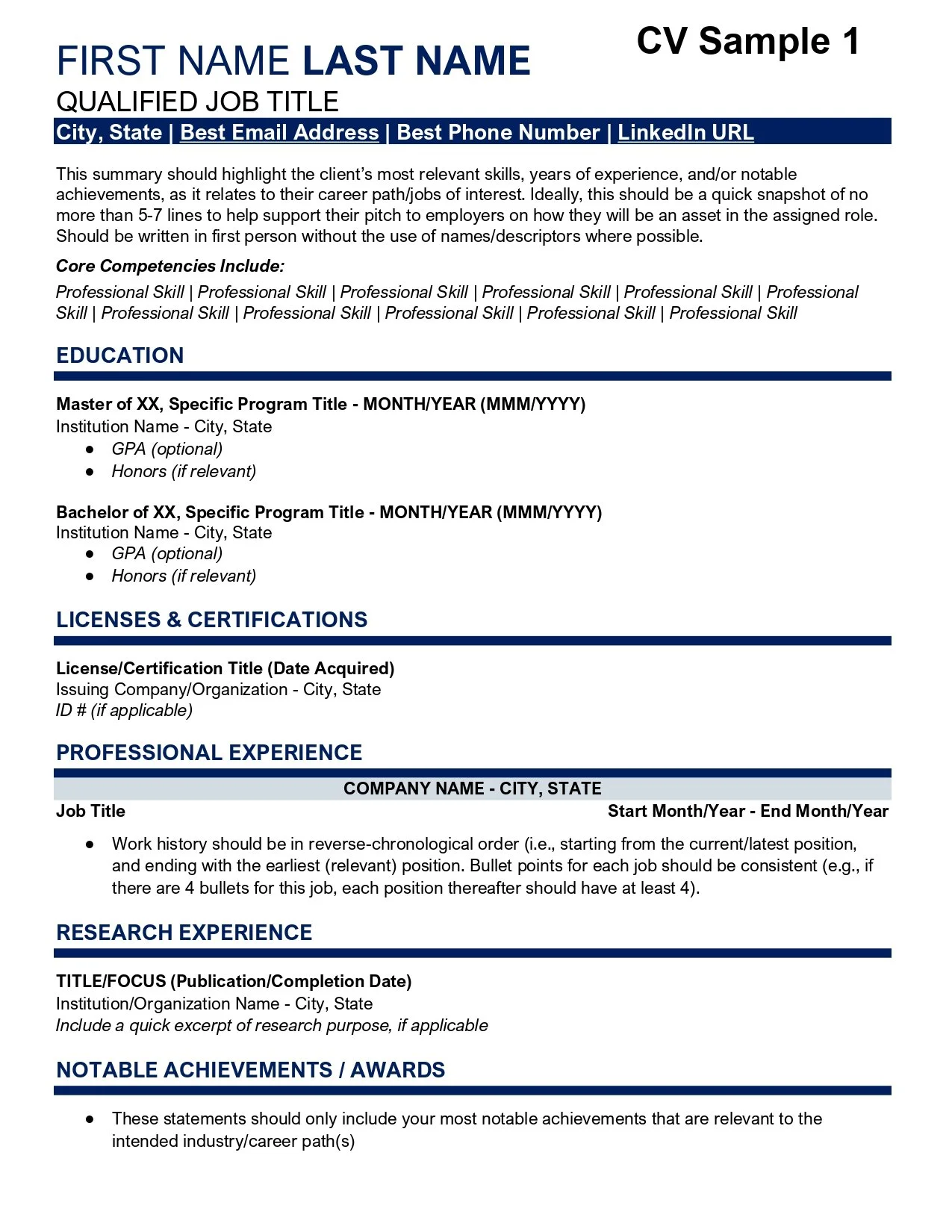 Sample resume template titled 'CV Sample 1' with sections for personal information, education, licenses and certifications, professional experience, research experience, and notable achievements or awards.