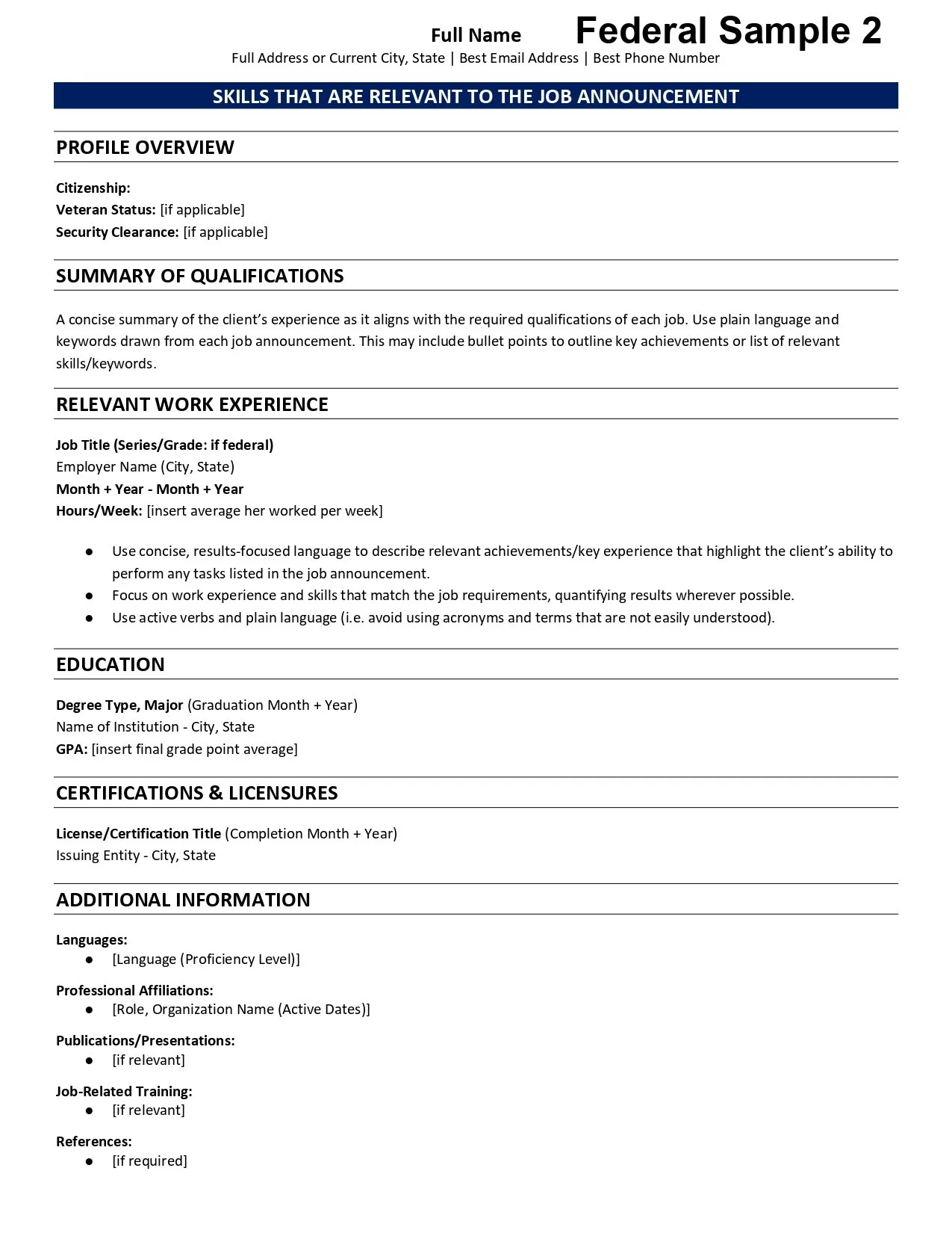 Sample resume template titled 'Full Name Federal Sample 2' with sections for skills, profile overview, work experience, education, certifications, additional information, and references.