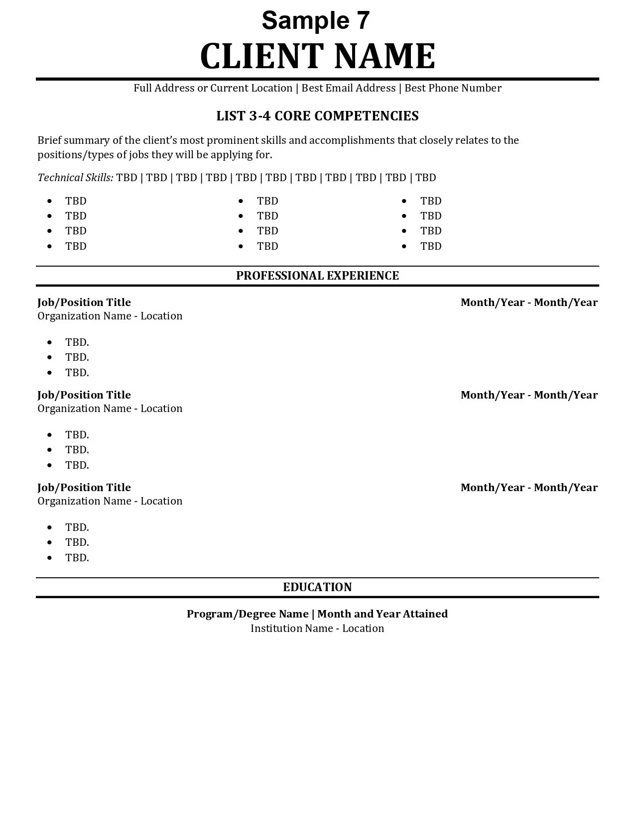 A blank resume template titled 'Sample 7' with sections for client name, skills, experience, and education.