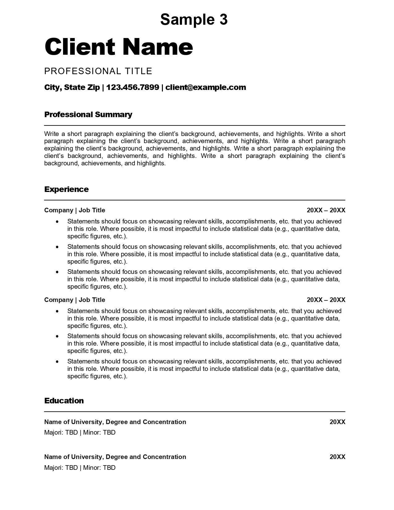 Example resume template with sections for professional summary, experience, and education.