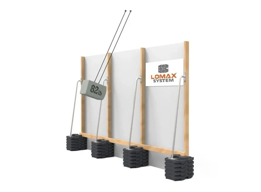 A weight training setup with four black weight stacks connected to vertical poles with ropes, a weight plate labeled 82 pounds hanging, and a sign that reads "LOMAX SYSTEM" on a white background.