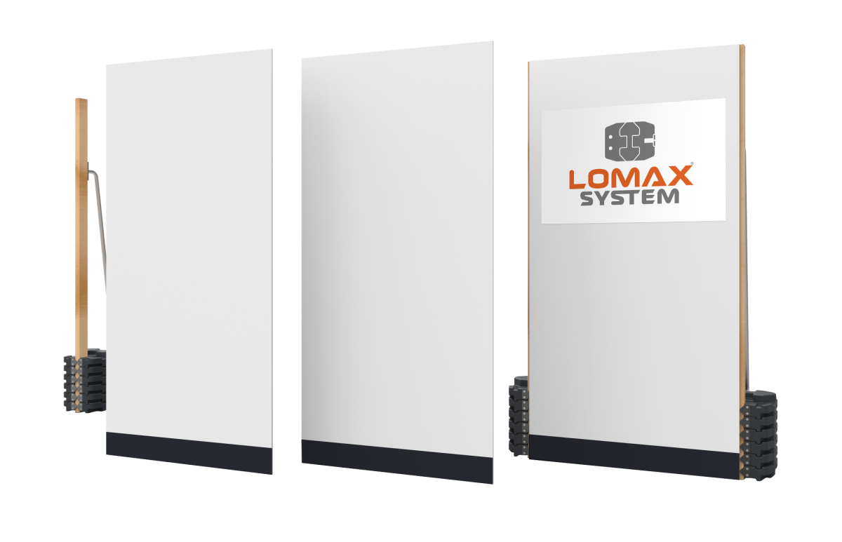 Lomax System display panels or partitions with white surfaces, framed by wood, and the Lomax System logo on the right panel.