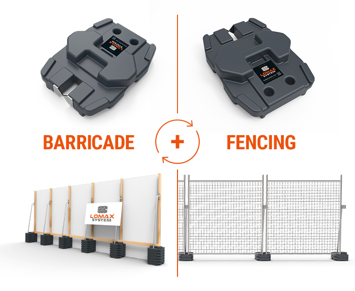 The image shows two different compact, rectangular devices with screens displaying the LOMAX logo, likely sensors or controllers. Below, there is a large white fence with the LOMAX SYSTEM logo and an industrial metal fence with integrated electrical components or sensors, suggesting a security or automation system.
