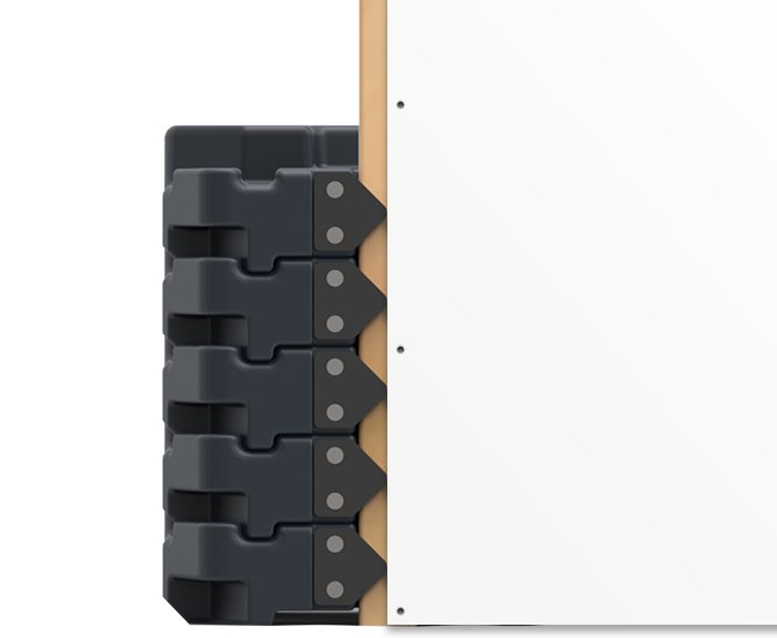 Close-up of five black vault-like latch locks attached to a white door.