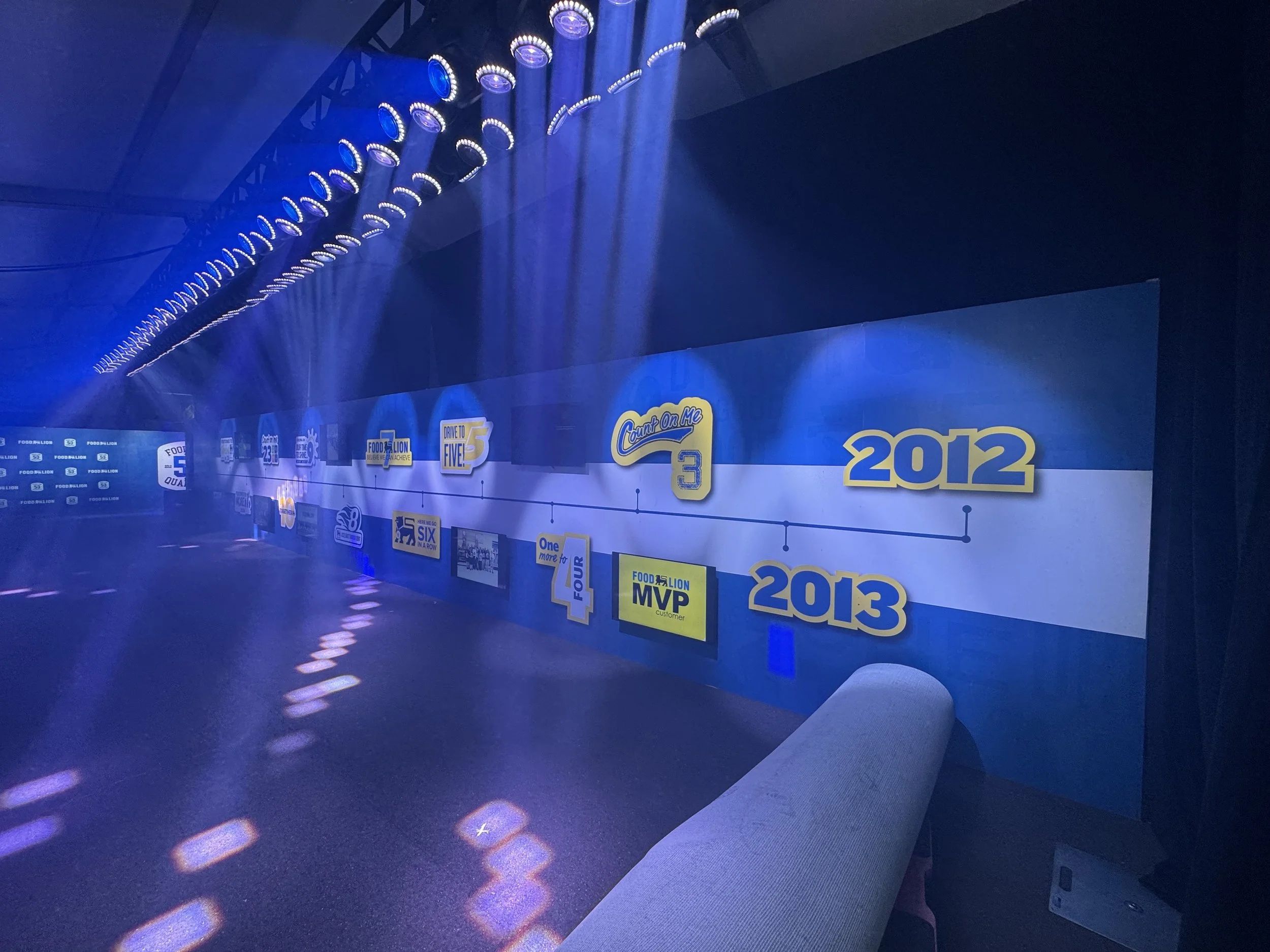 An indoor exhibit wall with a timeline of food-related milestones from 2012 to 2013, featuring logos and images, under blue lighting.