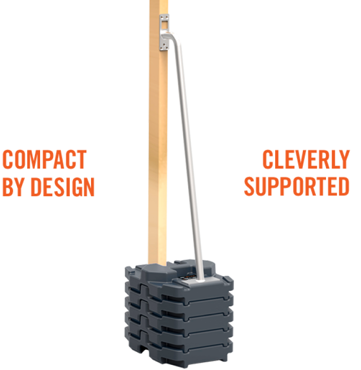 A gray adjustable measuring device with a vertical scale, attached to a set of black weights stacked at the bottom, used for height measurement.