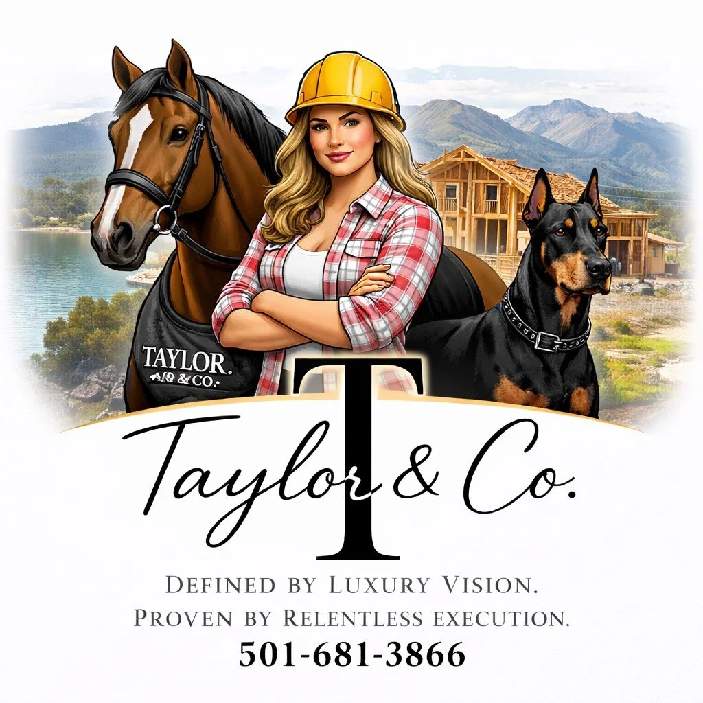 A woman wearing a yellow construction helmet and a plaid shirt, standing with arms crossed, next to a brown horse and a black and tan Rottweiler dog, with a construction site and mountains in the background, and text that says "Taylor & Co." along with a phone number.