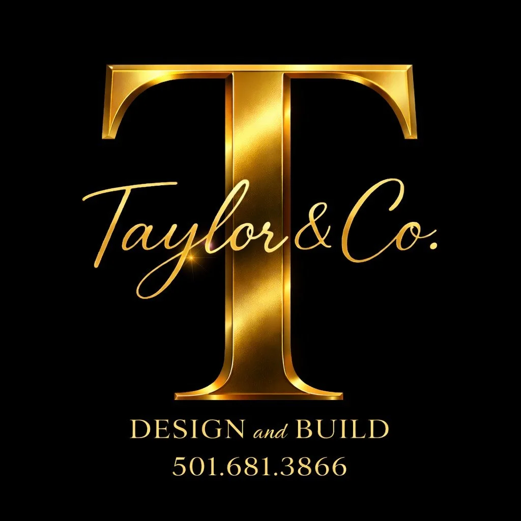 Gold and black logo for Taylor & Co. with large gold 'T' and the text 'Taylor & Co.', 'Design and Build', and a phone number 501.681.3866.