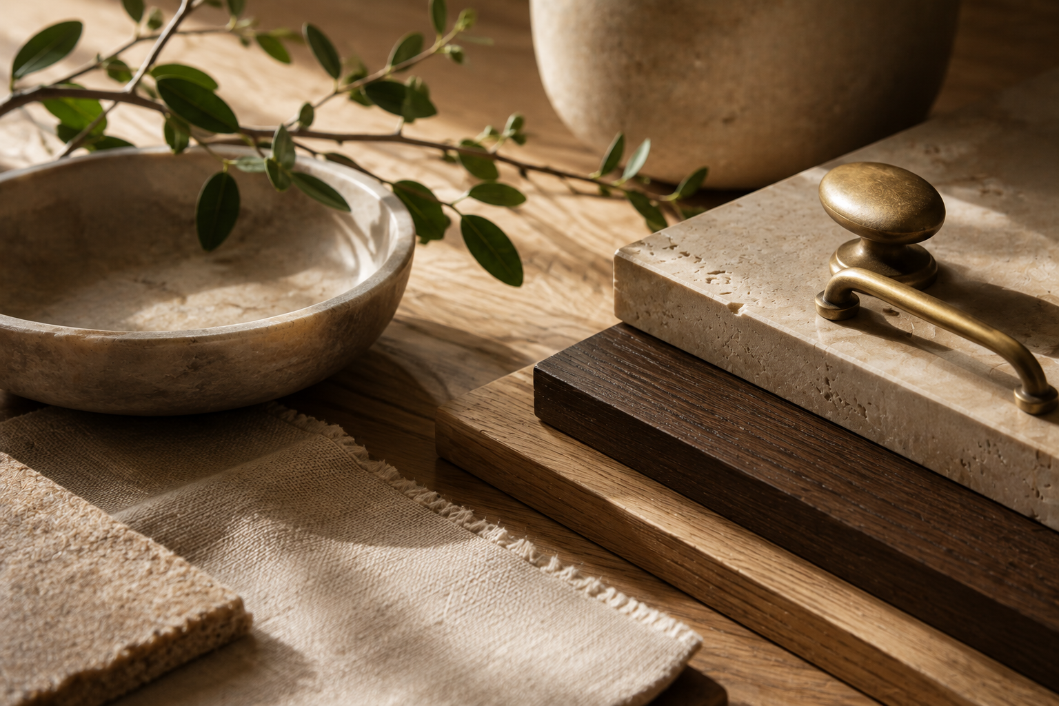 Decorative marble bowls, stacked wooden boards, a brass handle, beige fabric, and green leafy branch on wooden surface.