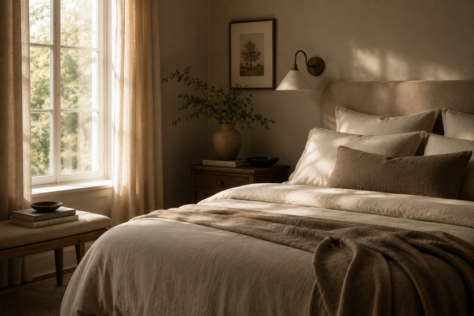 A bedroom with a large window, beige curtains, a neatly made bed with multiple pillows, and a cozy beige blanket. There is a wooden nightstand with a vase of greenery, a small black dish, and books. The wall has a framed picture and a wall-mounted lamp. Soft natural light filters into the room.