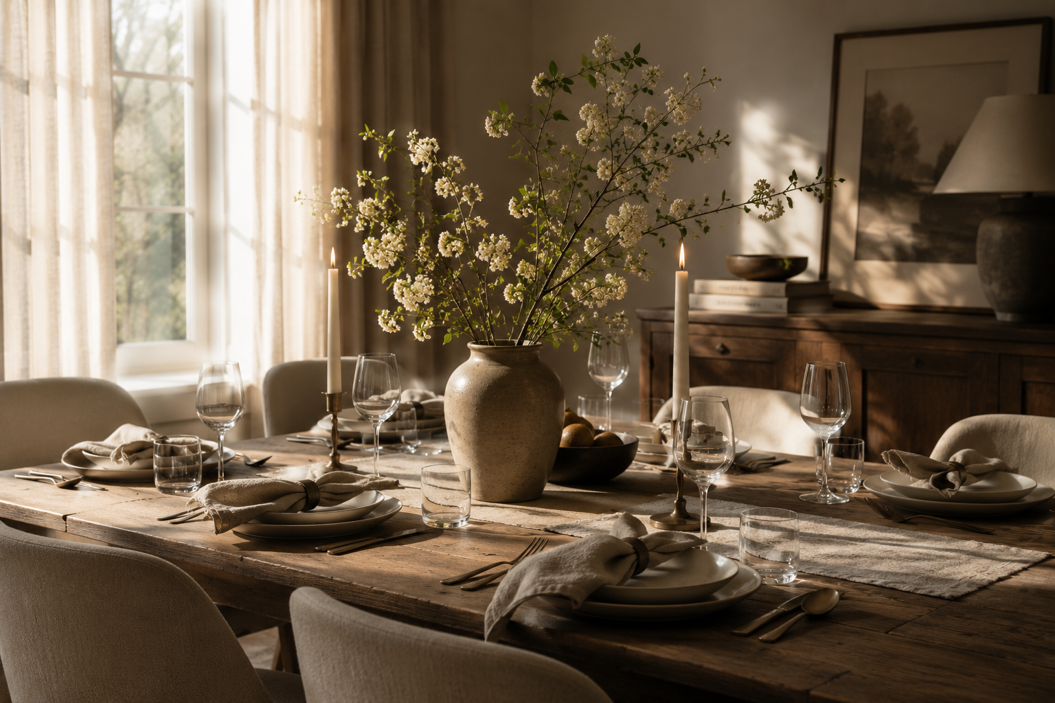 A rustic dining table set for a meal with a large vase of white flowers as centerpiece, surrounded by wine glasses, plates, napkins, and candles in a cozy, sunlit room with curtains and wooden furniture.
