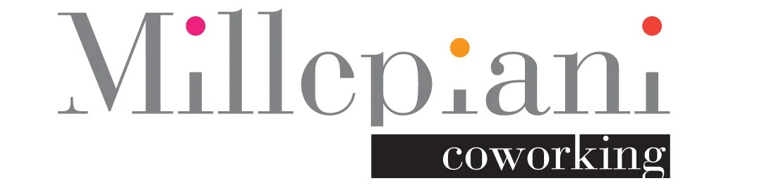 Logo for Milliciani Coworking with the text 'Millepiani' in large gray letters, and 'coworking' in smaller white letters on a black background, with colorful dots on top