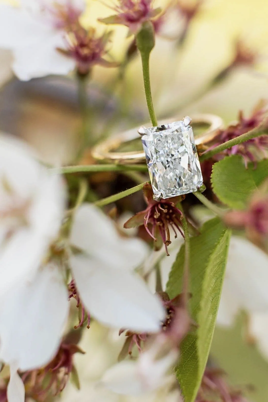 Close-up of a diamond ring with an emerald cut diamond, resting on green leaves and white flowers.