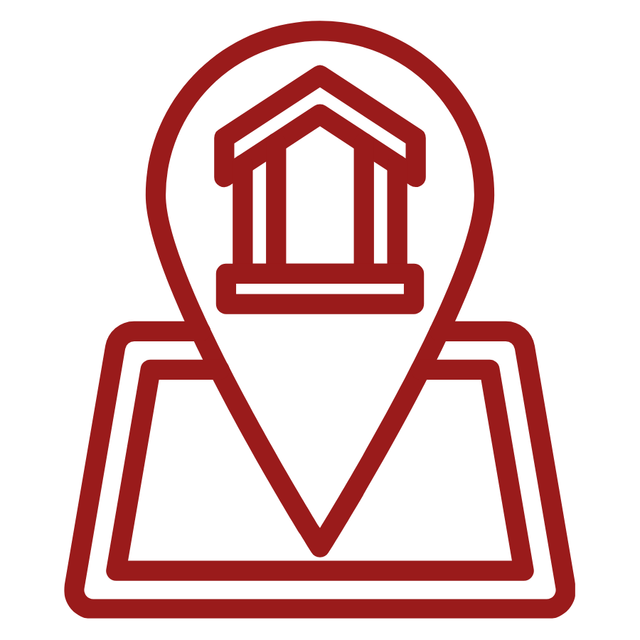 Icon of a house or building within a location marker on a map.