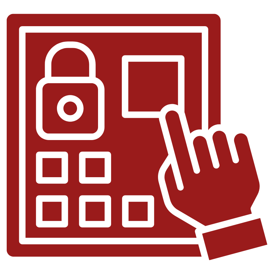 Illustration of a hand touching a button on a keypad, with a padlock icon at the top, indicating security or access control.