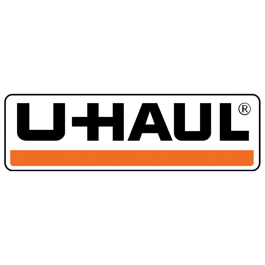 U-Haul logo with black letters, an orange stripe underneath, and a registered trademark symbol on the top right.