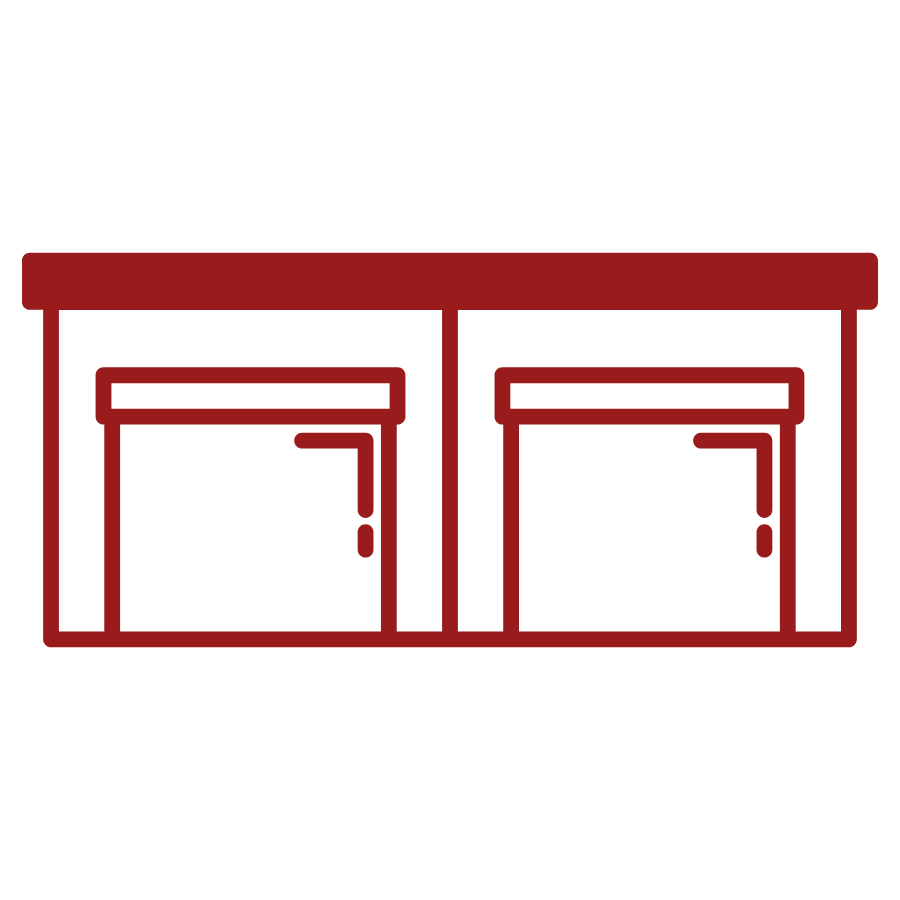 Outline of a grocery store with two doors and a sign above, with a simplistic design.