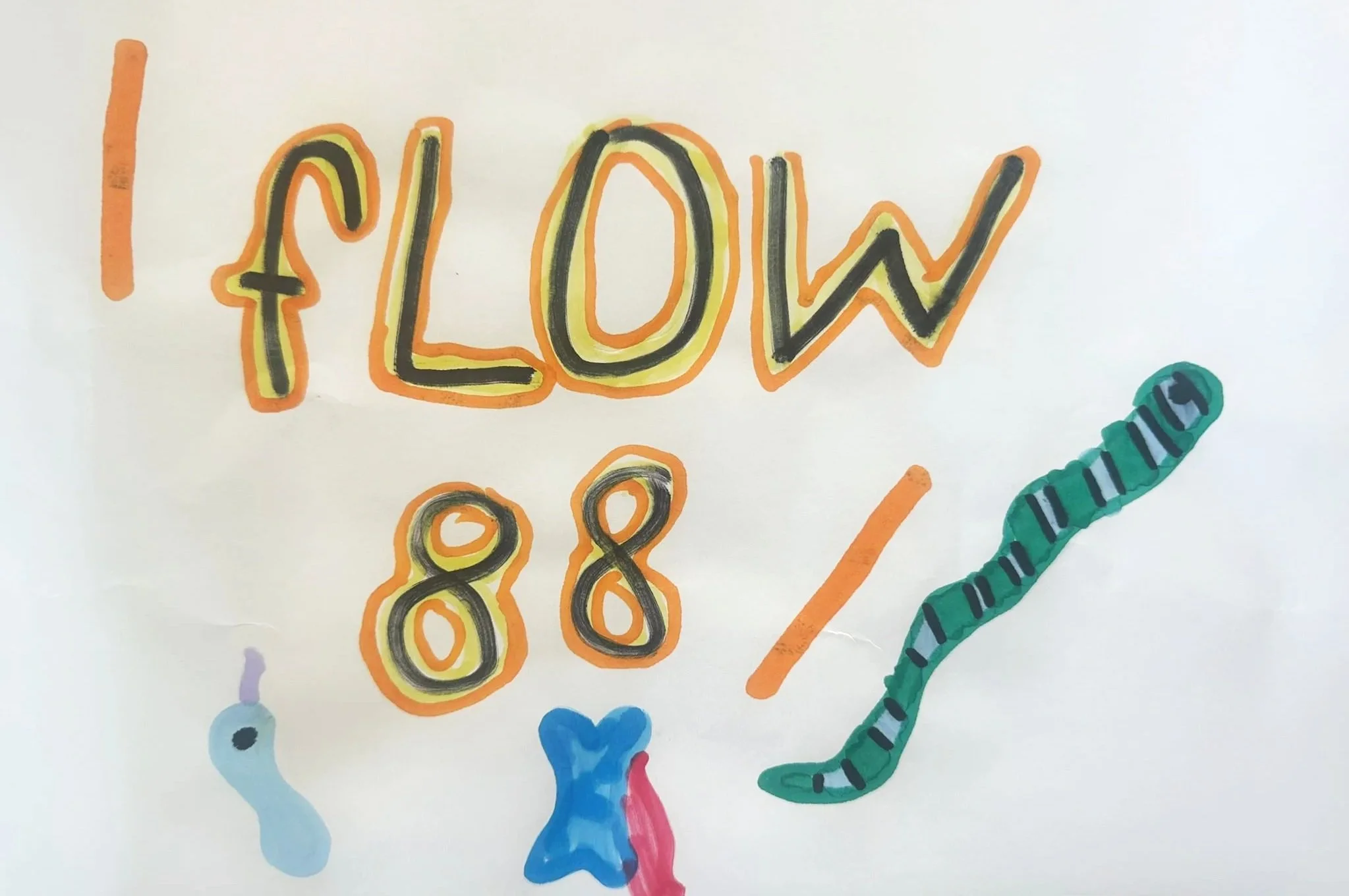 Colorful drawing with the words 'I LOVE 88%' and a green worm, a blue and red shape, and abstract doodles.