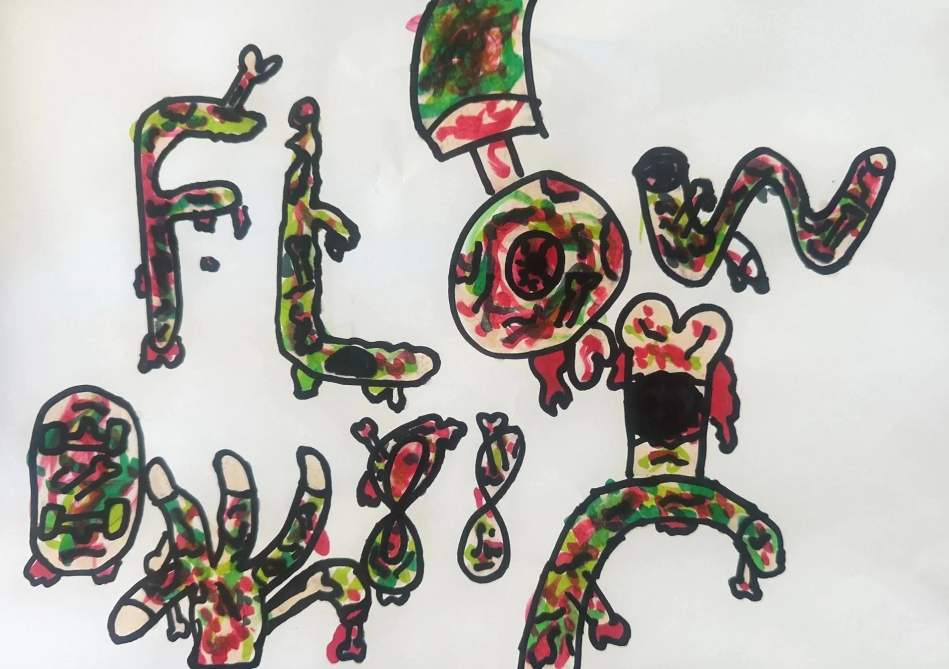 Colorful abstract drawing that spells out the word "FLOW" with a mix of black outlines and splashes of green, red, yellow, and pink ink on a white background.