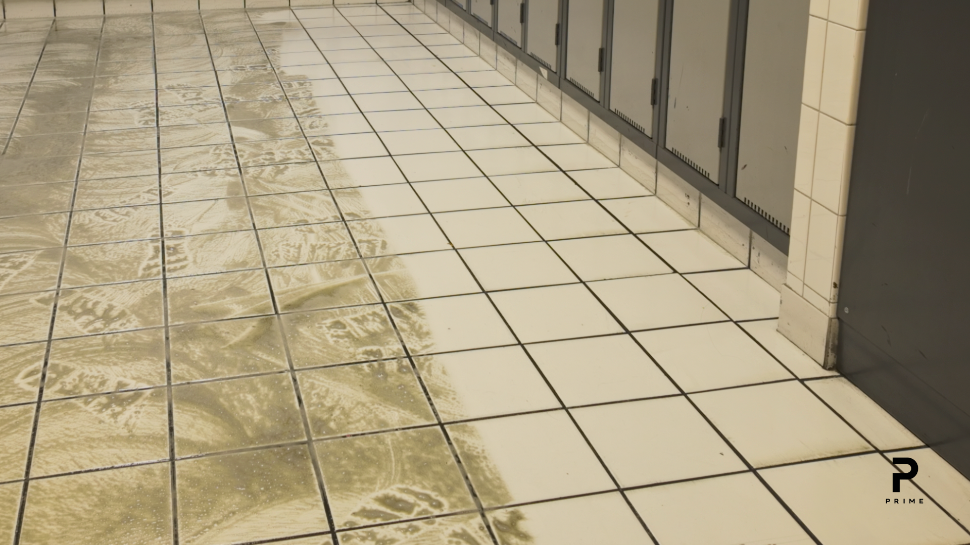 After commercial floor stripping and waxing with deep scrub, ceramic tile