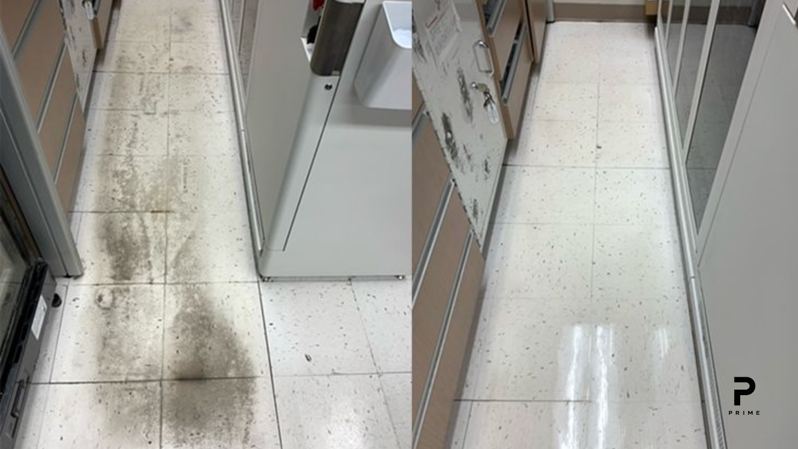 After commercial floor stripping and waxing with restored clean, high-gloss finish