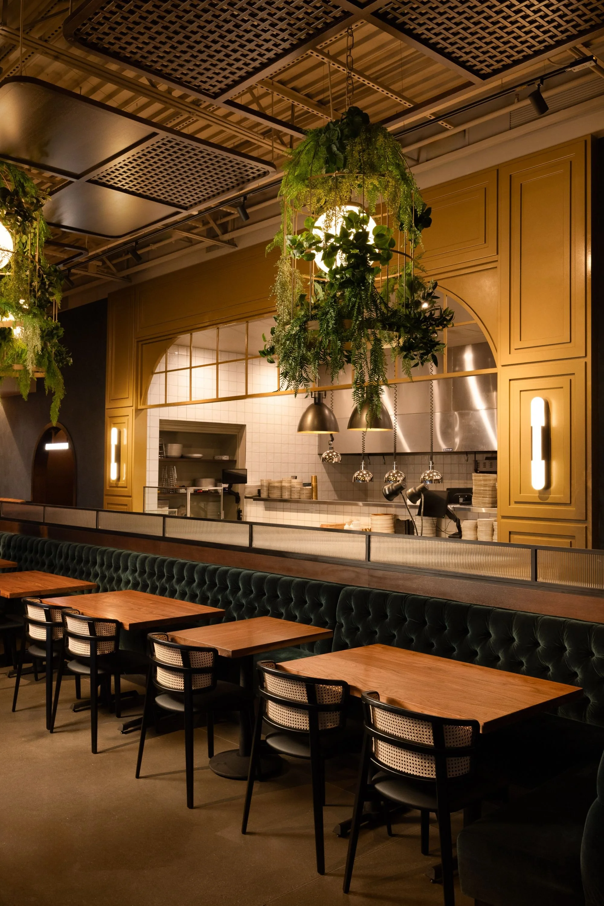 Interior of a modern restaurant with a row of wooden tables, black chairs, green tufted banquette seating, hanging pendant lights, and lush hanging plants over the open kitchen area with white tiled backsplash.