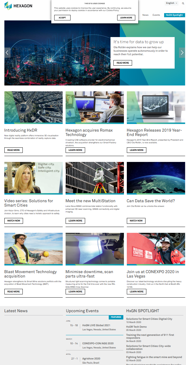 Screenshot of a website homepage for Hexagon, featuring a cityscape with digital network graphics, and sections about company news, technology acquisitions, reports, videos, and events.