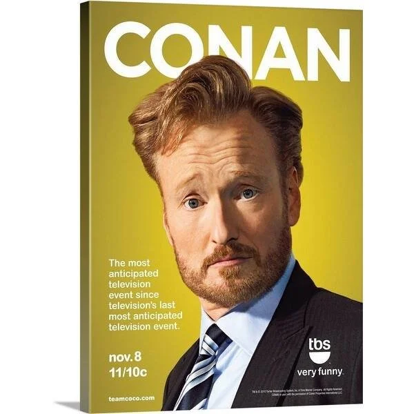 Cover of a TV show poster titled 'Conan', featuring a man with red hair and a beard in a suit with a blue striped tie, set against a yellow background. The poster includes text about a television event on November 8th on TBS, described as 'the most anticipated television event since television's last most anticipated television event,' and has a small logo for 'very funny' at the bottom.
