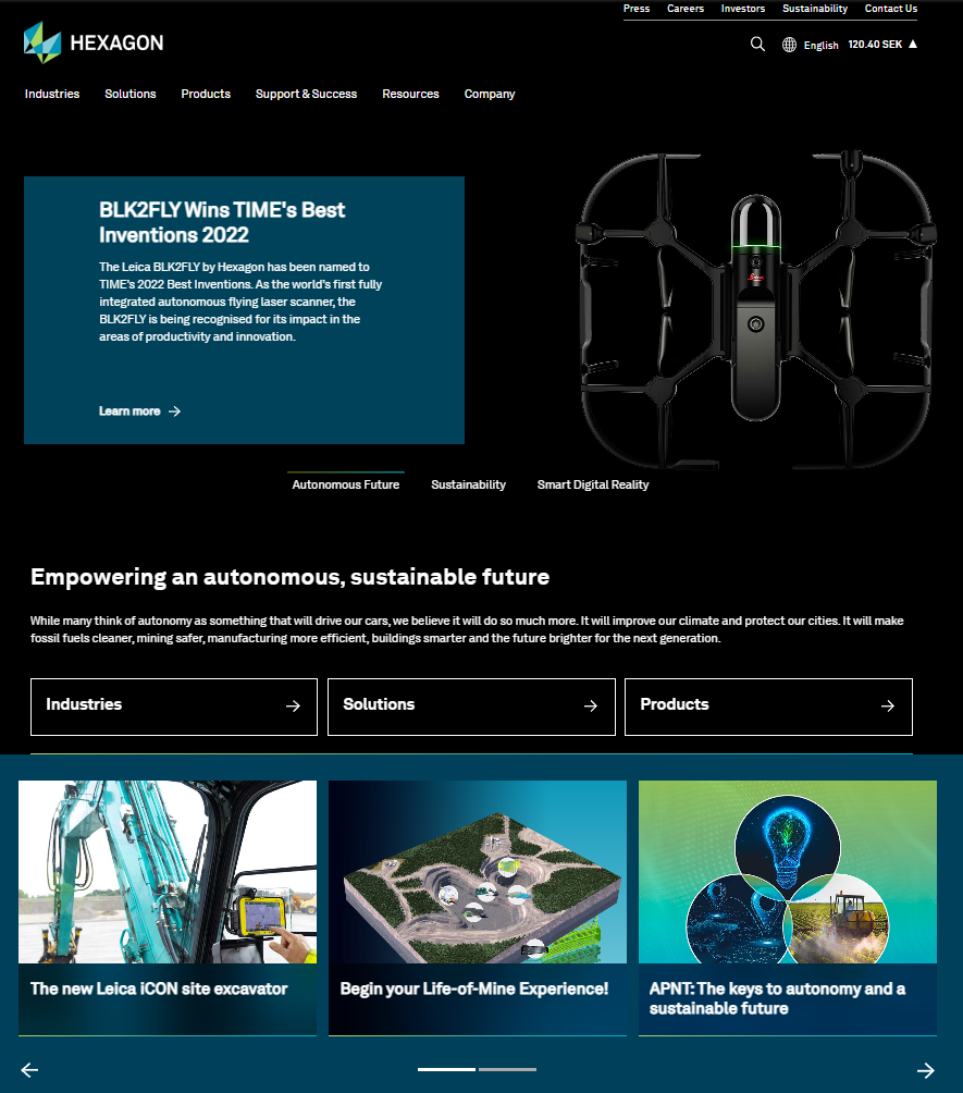 Hexagon website homepage featuring Leica BLK2FLY autonomous flying laser scanner and navigation menus