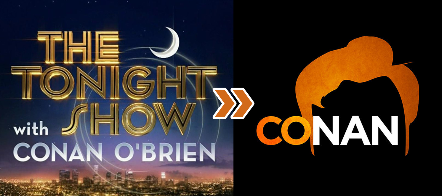 Split image showing logo for 'The Tonight Show with Conan O'Brien' on the left and "Conan on TBS" on the right.