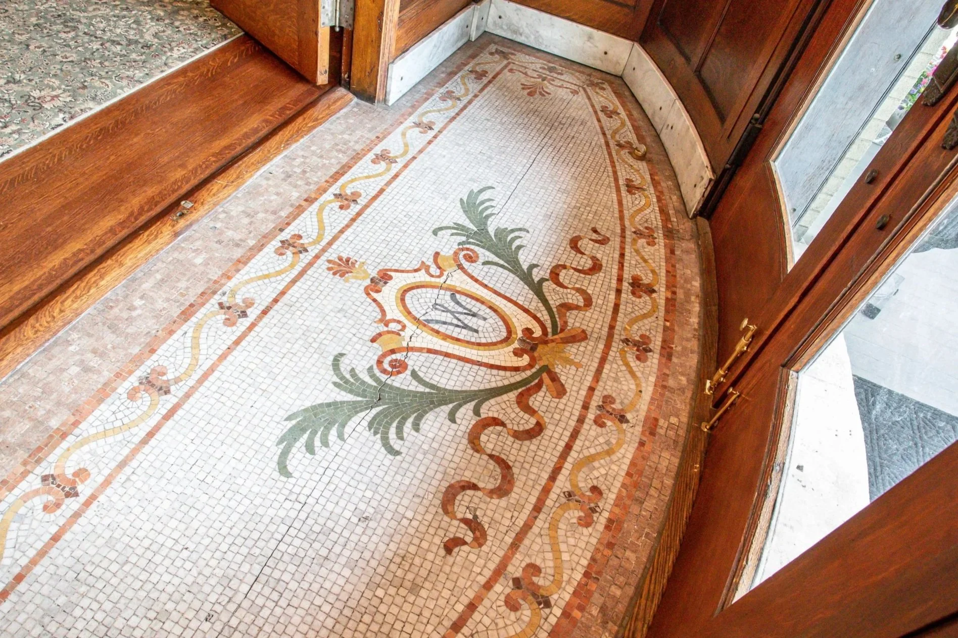 Decorative mosaic tile floor near a wooden door and threshold, with intricate floral and geometric patterns in various colors.