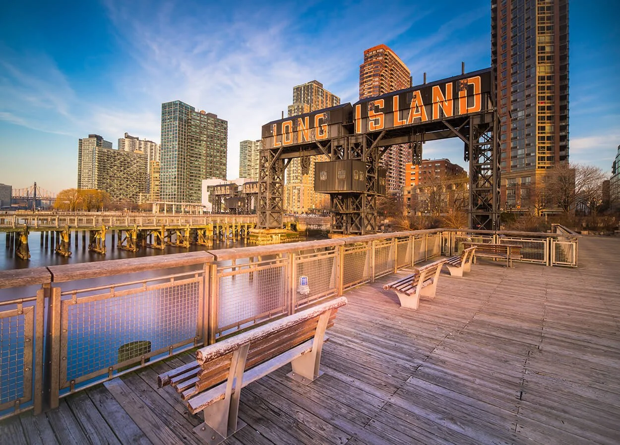 View of the boardwalk in Gantry State Park on Long Island, New York.