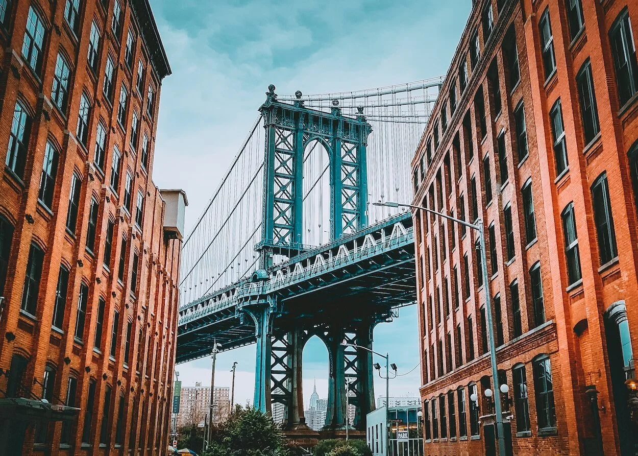View of the Manhattan Bridge from Dumbo neighborhood of Brooklyn, New York.