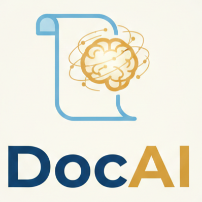 Logo mit einer stilisierten Gehirn-Illustration in Gold und blauen Elementen, darunter der Text 'DocAI'.