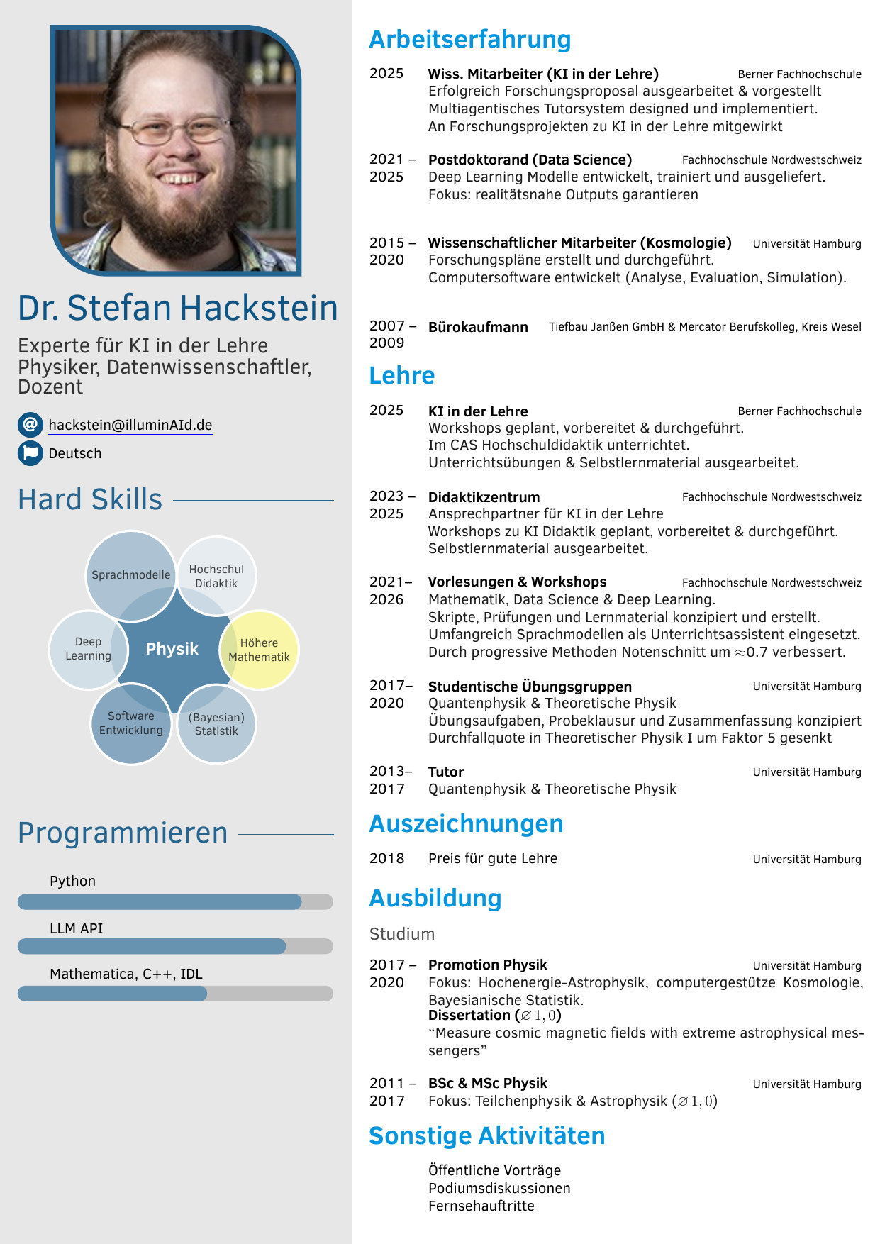Lebenslauf von Dr. Stefan Hackstein mit Foto, Kontaktinformationen, Fähigkeiten in KI, Physik, Programmierung, Ausbildung, Auszeichnungen und Aktivitäten.