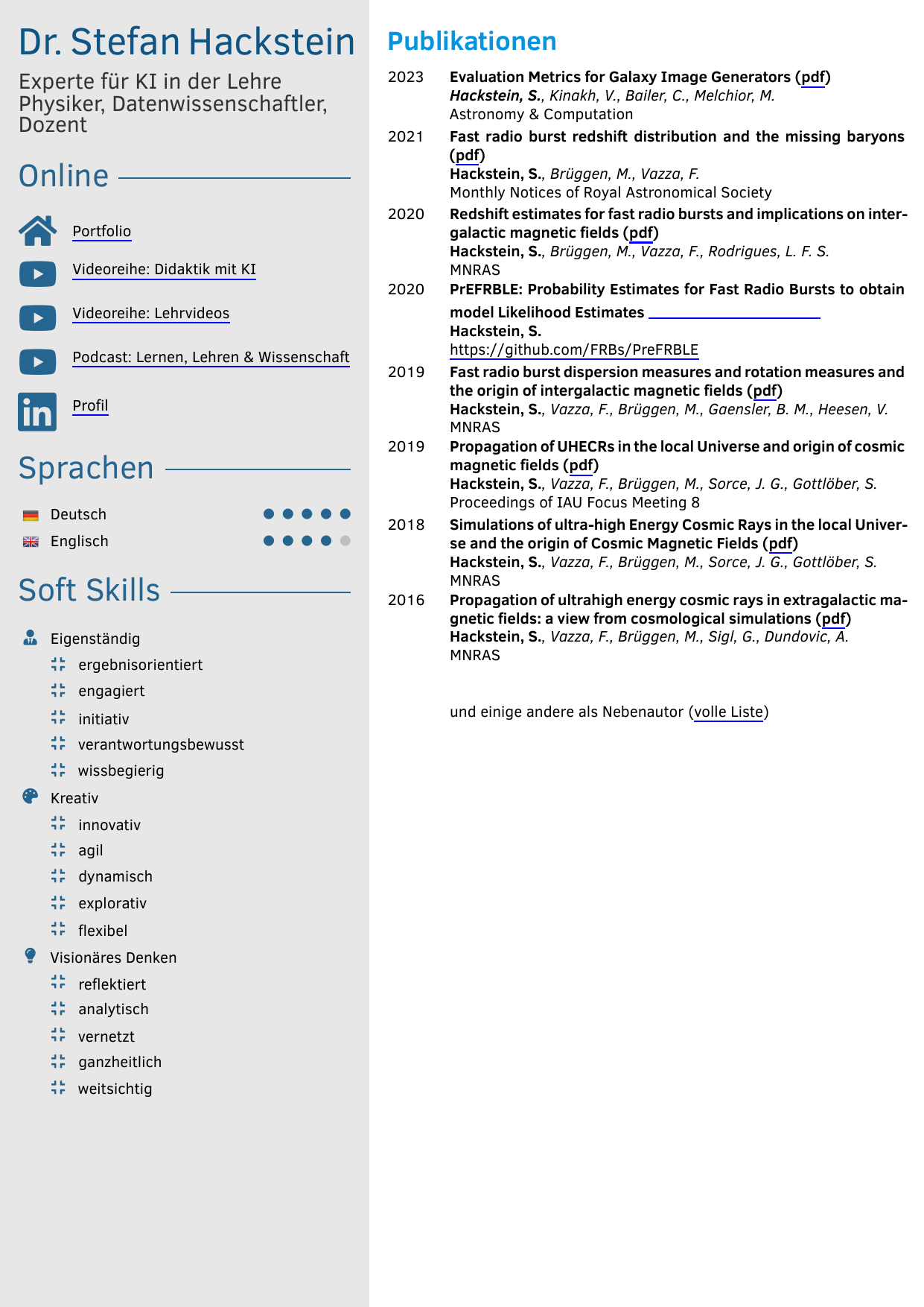 Curriculum vitae of Dr. Stefan Hackstein, a scientist specializing in AI, physics, and data science, including online profiles, publications from 2016 to 2023 on topics such as galaxy image generators, radio burst distribution, and cosmic magnetic fields, with links to PDFs and full publication lists.