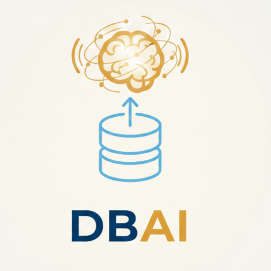 Symbolbild für Datenbank mit einem Gehirn darüber, das für KI steht, und dem Text »DBAI«.