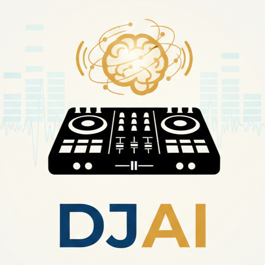Grafik mit einem DJ-Controller und einem Gehirn darüber, verbunden mit elektronischen Linien, centered über den Text 'DJ AI' auf hellem Hintergrund.
