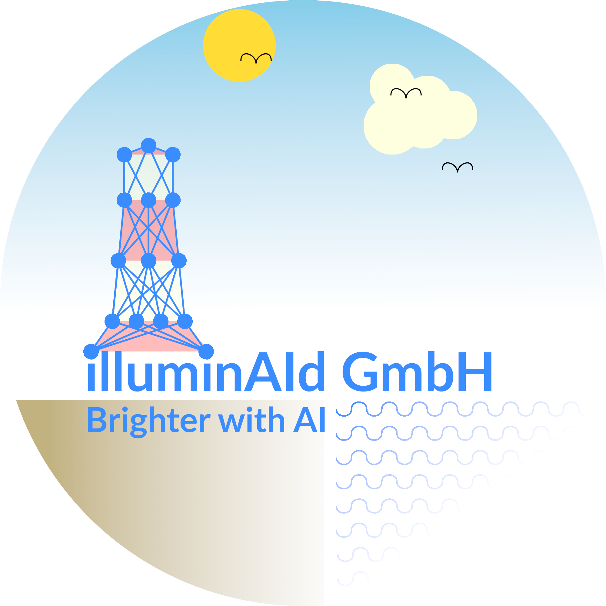 Das Bild zeigt ein Logo von illumina GmbH mit dem Slogan "Brighter with AI". Im Logo ist eine stilisierte große Figur, die an eine Hochhausstruktur erinnert, bestehen aus blauen Kreisen und Linien, mit einer pinken Basis. Im Hintergrund ist ein Himmel mit der Sonne, einer Wolke und fliegenden Vögeln zu sehen, sowie Wasserwellen unten rechts.