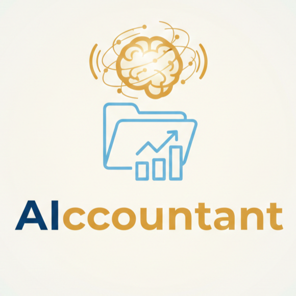 Symbol eines Gehirns über einem Ordner mit wachsendem Diagramm, darunter der Text "AI accountant"