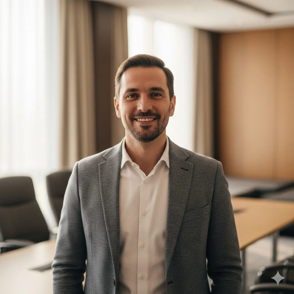 Ein lachender Mann in einem Anzug in einem Konferenzraum.