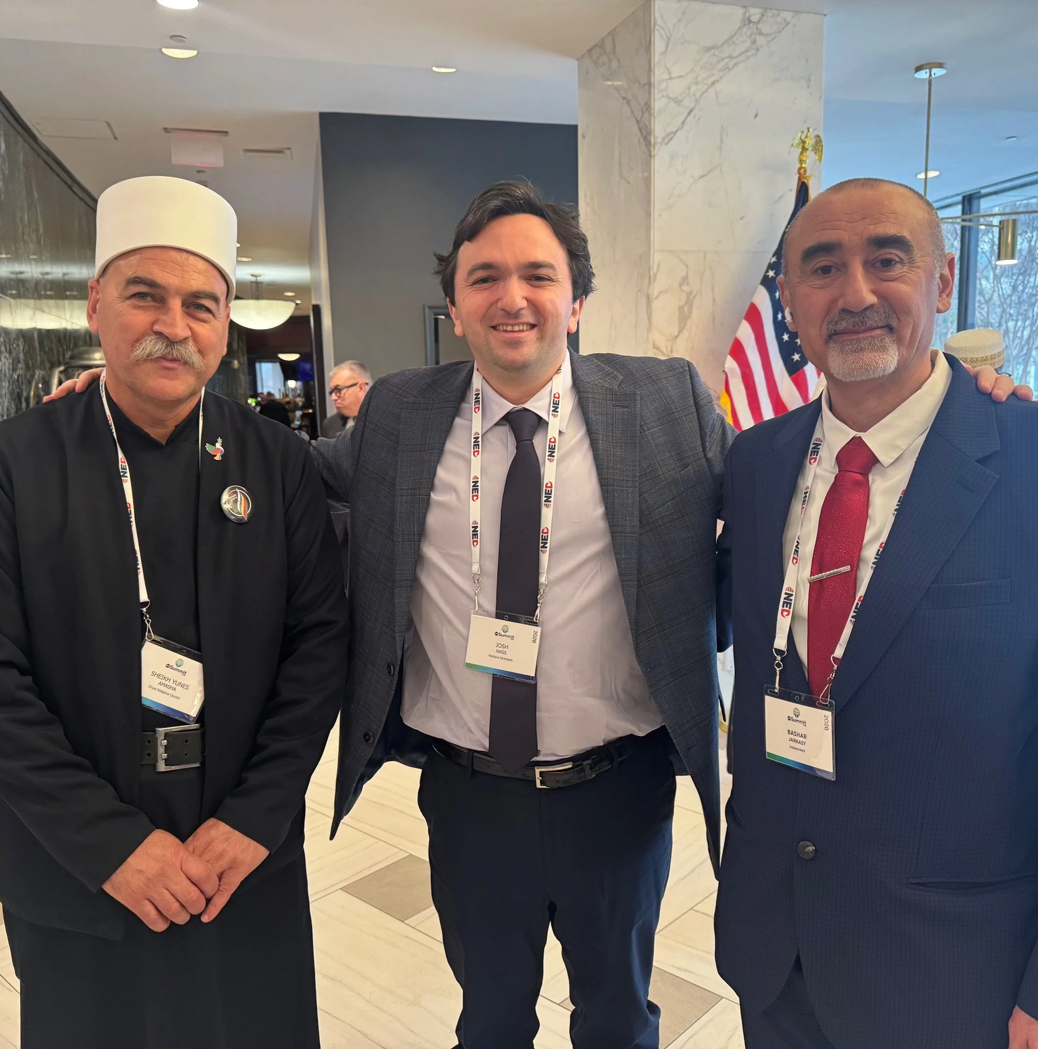 Meeting with Sheikh Younes Amasha, member of the Supreme Druze Religious Council; and Bashar Jarkasy of Voices of Swaida, a Druze-related initiative.
