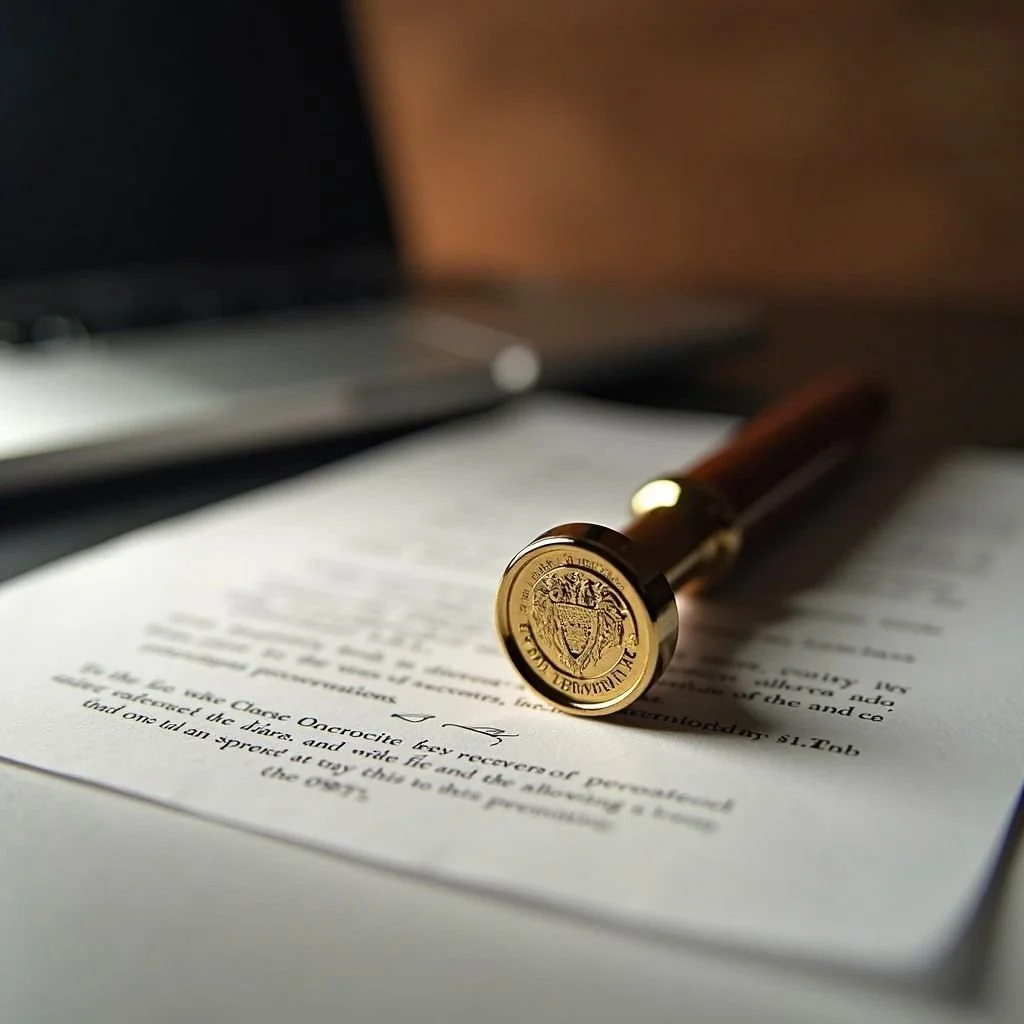 A gold-tipped fountain pen resting on a document with a blurred view of a laptop in the background.