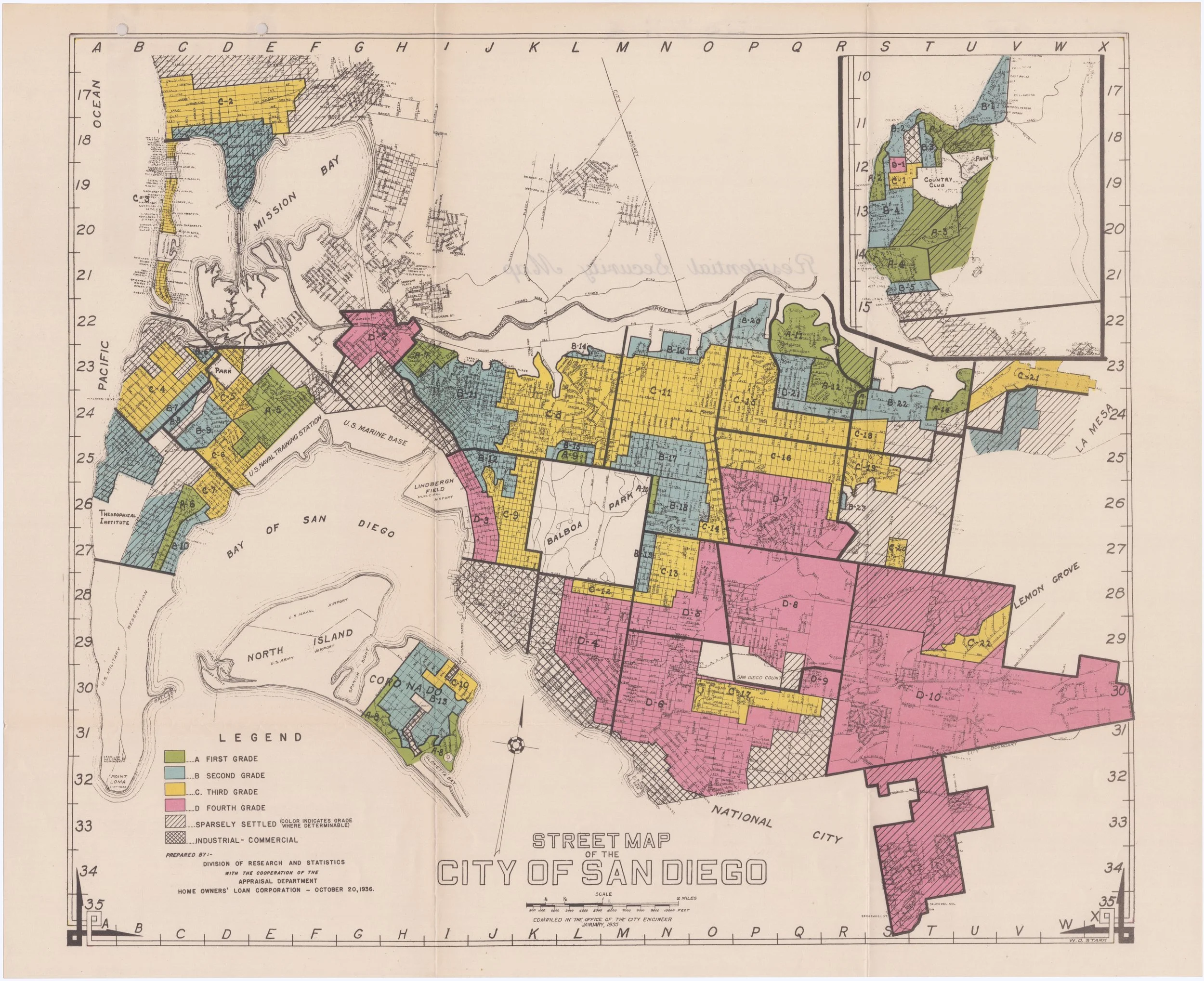 Redlining map of San Diego, California, from 1936, showing different zoning areas marked in colors (yellow, blue, pink, green). It includes labels for Mission Bay, North Island, and U.S. Marine Base, with streets, parks, and boundaries detailed.