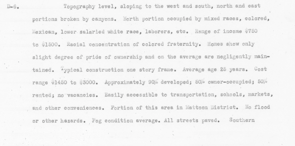 Black and white typed document discussing topography, community demographics, and local conditions in Southcrest from redlining maps.