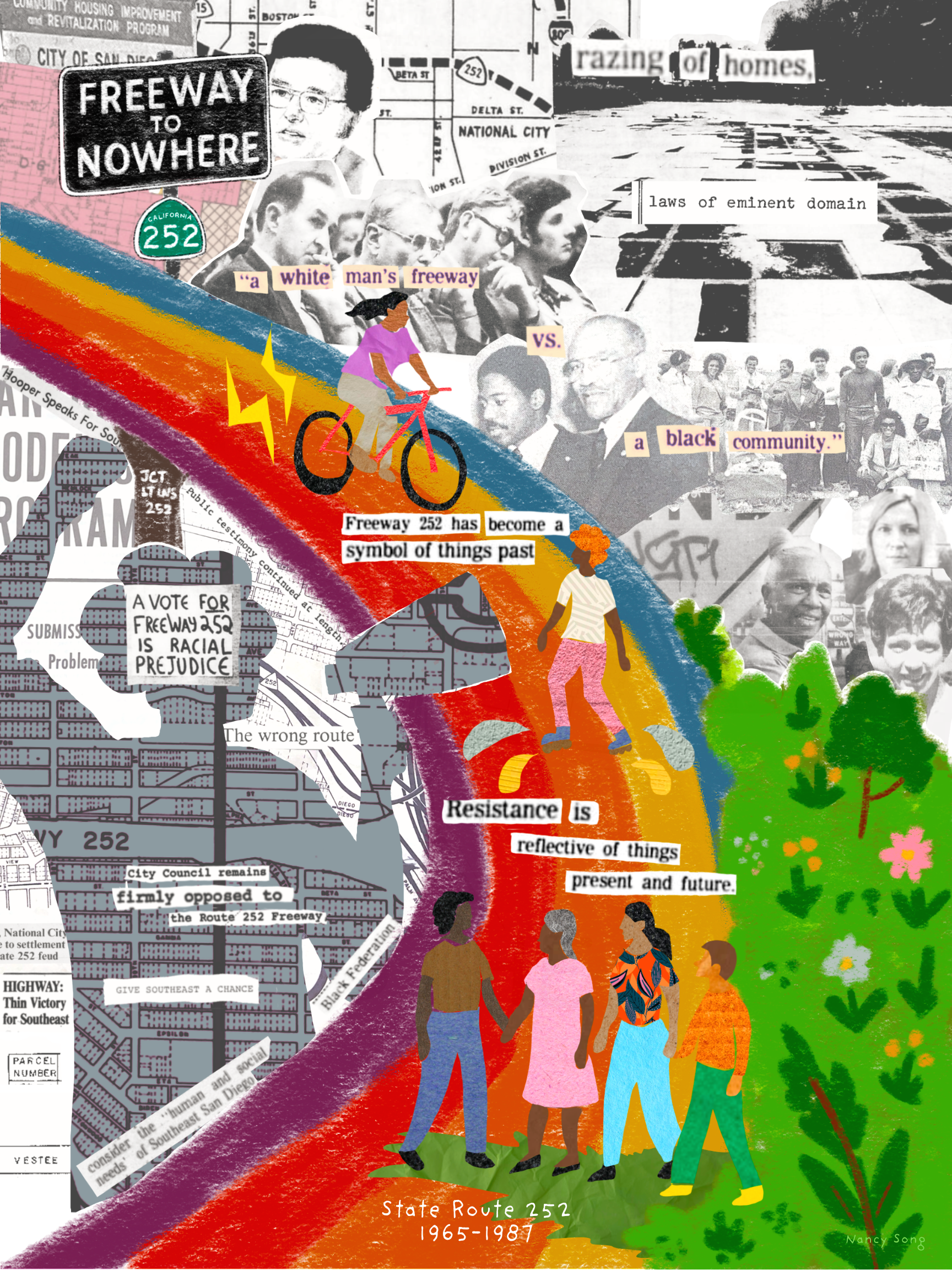 Collage of historical and contemporary images and text relatingthe history of Highway 252 in San Diego. Features a rainbow-colored graphic of a cyclist, a group of diverse people holding hands, black and white photos of activists, protesters, and officials, maps, and various text snippets about racial prejudice, resistance, and the significance of Highway 252 from 1965 to 1987.